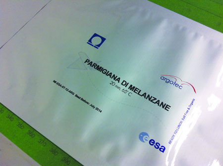 In space no one can hear you open the pack. A sample of the packaging for Italian cuisine, showing te ESA logo, to be rocketed to the International Space Station, printed on an Océ Arizona 550 GT.